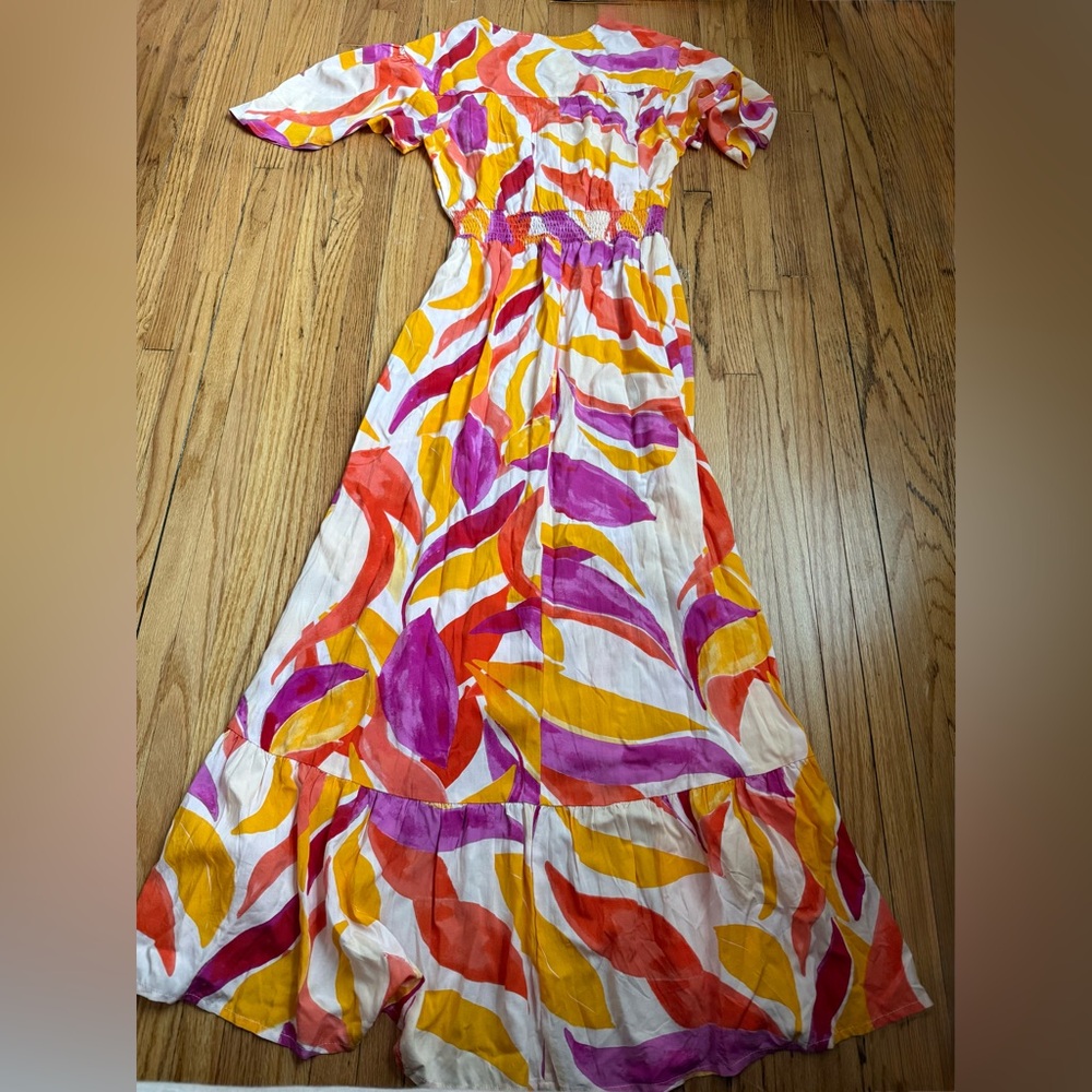Abel the Label Anthropologie Hi Low Maxi Dress Smocked Waist Pink Orange - Picture 3 of 3